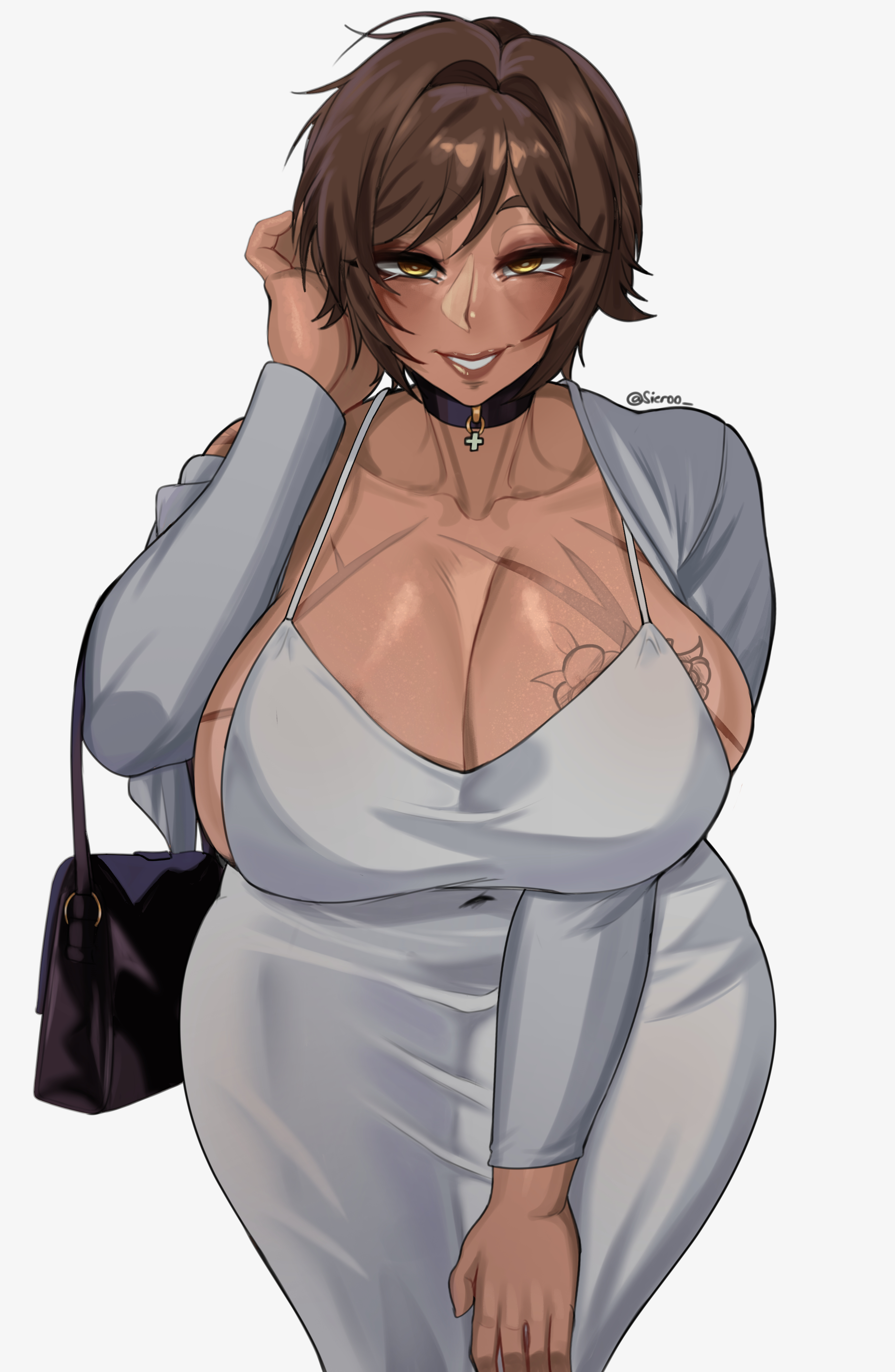 sieroo, outis (project moon), limbus company, project moon, absurdres, highres, 1girl, bag, black bag, breasts, brown hair, chest tattoo, cleavage, dark-skinned female, dark skin, dongtan dress, dress, grey dress, grin, hand on own face, handbag, huge breasts, shirt, short hair, simple background, smile, tattoo, taut clothes, taut dress, tight clothes, tight dress, yellow eyes