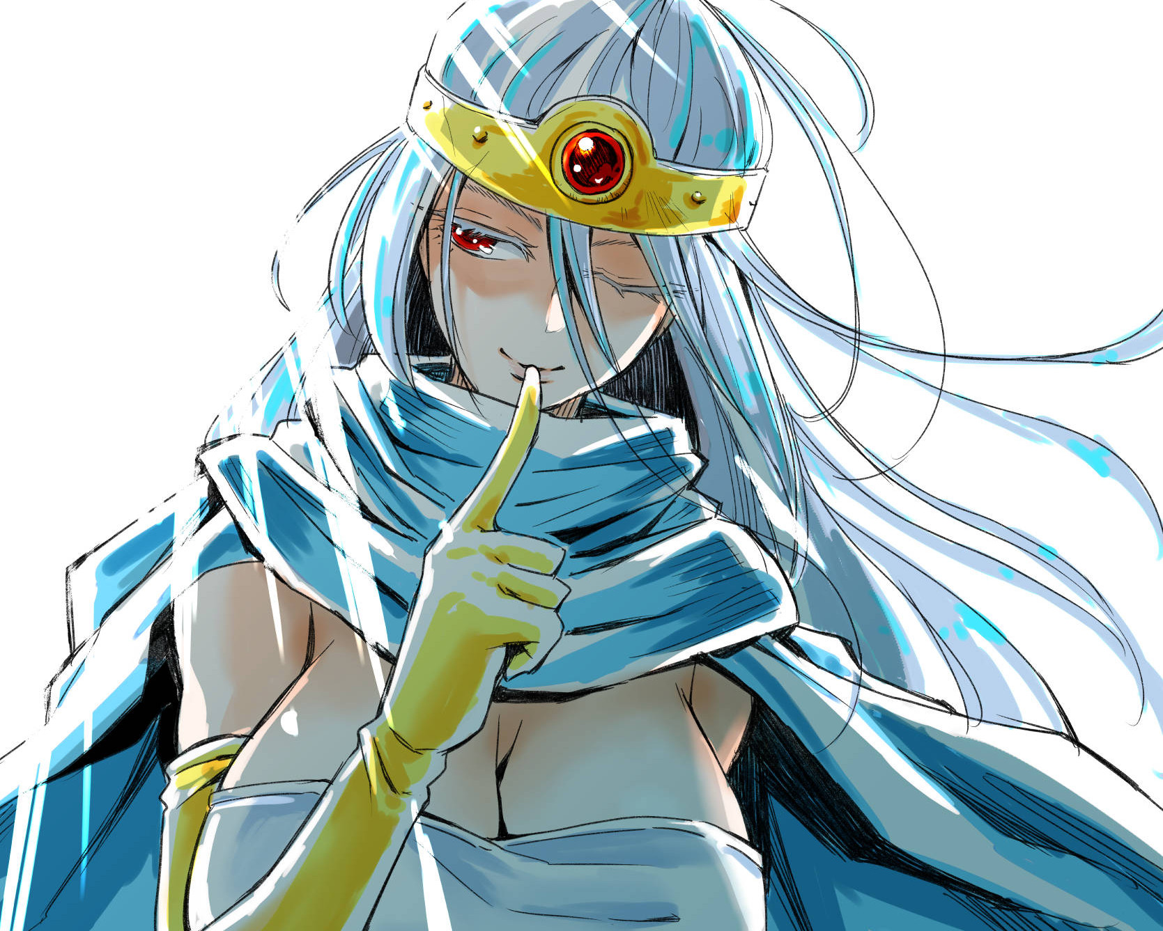 sf going on, sage (dq3), dragon quest, dragon quest iii, commentary, highres, 1girl, blue cape, blue hair, breasts, cape, circlet, cleavage, colored eyelashes, elbow gloves, finger to mouth, gem, gloves, huge breasts, index finger raised, long hair, looking to the side, one eye closed, red eyes, red gemstone, shirt, shushing, simple background, solo, strapless, strapless shirt, sunlight, upper body, white background, white shirt, yellow gloves