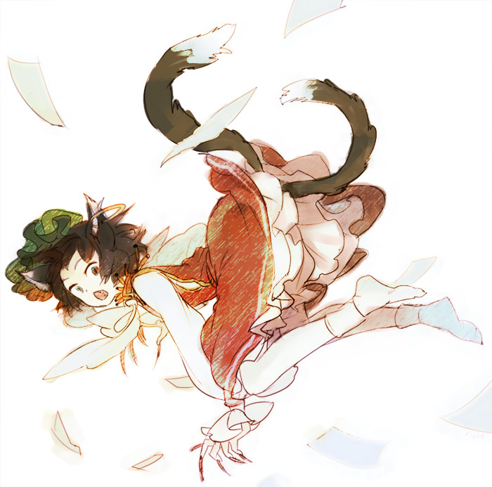 iwamoto zerogo, chen, touhou, 1girl, animal ears, bloomers, brown eyes, brown hair, cat ears, cat girl, cat tail, earrings, fang, female focus, fingernails, hat, jewelry, long fingernails, multiple tails, nail (hardware), short hair, socks, solo, tail, underwear