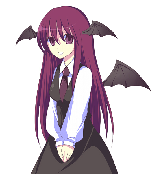harano, koakuma, embodiment of scarlet devil, touhou, 1girl, bat wings, female focus, head wings, long hair, necktie, red eyes, red hair, smile, solo, wings