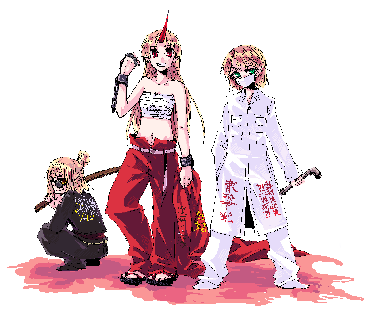 tadano kagekichi, hoshiguma yuugi, kurodani yamame, mizuhashi parsee, touhou, 3girls, banchou, bokken, bousouzoku, brass knuckles, chain, clothes writing, coat, contemporary, delinquent, female focus, geta, grin, horns, jaggy lines, lead pipe, looking at viewer, mask, mouth mask, multiple girls, oekaki, sarashi, simple background, single horn, smile, squatting, standing, sunglasses, surgical mask, sword, tokkoufuku, weapon, white background, wooden sword