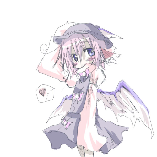 kuroneko no toorimichi, mystia lorelei, touhou, lowres, 1girl, arm up, beret, blue eyes, blush, female focus, hair between eyes, hat, head wings, heart, long sleeves, looking at viewer, pink hair, short hair, simple background, solo, speech bubble, spoken heart, stab, standing, white background, wings