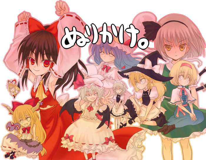 girotin ginza, alice margatroid, hakurei reimu, ibuki suika, izayoi sakuya, kirisame marisa, konpaku youmu, konpaku youmu (ghost), patchouli knowledge, remilia scarlet, yakumo yukari, touhou, silver hair, 6+girls, ascot, blonde hair, blue dress, bow, bowtie, brown eyes, detached sleeves, dress, female focus, hair bow, hat, hitodama, horns, long sleeves, looking at viewer, multiple girls, oni, red bow, red bowtie, red eyes, ribbon-trimmed sleeves, ribbon trim, short hair, simple background, white background, witch hat