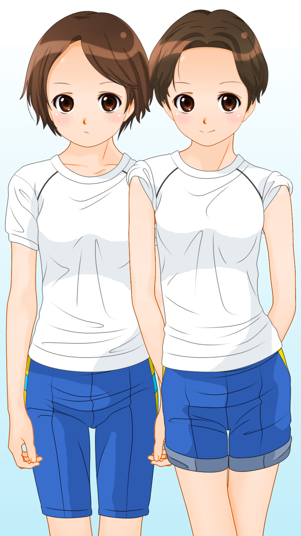 dedenden (pixiv30568724), original, highres, 2girls, arms behind back, blue background, blue shorts, blush, breasts, brown eyes, brown hair, collarbone, gradient background, gym uniform, looking at viewer, multiple girls, shirt, short hair, short sleeves, shorts, small breasts, smile, standing, white shirt