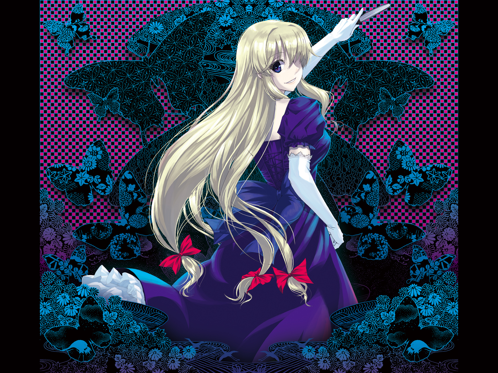 kabayaki unagi, yakumo yukari, touhou, highres, non-web source, 1girl, blonde hair, breasts, bug, butterfly, dress, elbow gloves, female focus, folded fan, folding fan, frilled dress, frills, gloves, hair over one eye, hair ribbon, hand fan, insect, long hair, looking back, purple eyes, ribbon, smile, solo