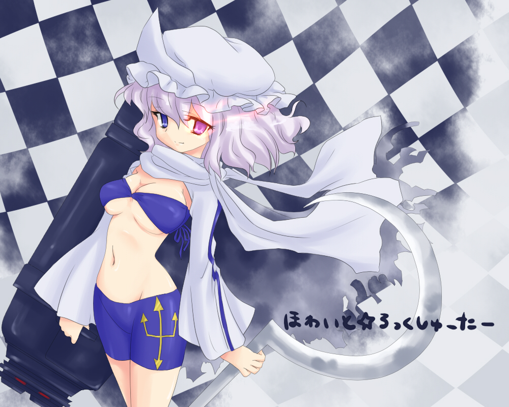 niji (nijioki), black rock shooter (character), letty whiterock, white rock shooter, black rock shooter, touhou, vocaloid, bad id, bad pixiv id, 1girl, black rock shooter (cosplay), breasts, cosplay, female focus, solo, standing