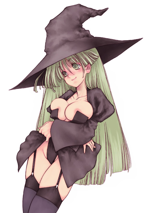 fuyube rion, original, breast hold, 1girl, blonde hair, breasts, female focus, garter belt, hat, large breasts, long hair, solo, thighhighs, witch hat, yellow eyes