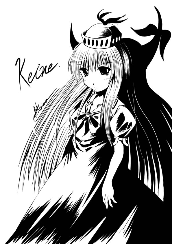 a kirima, kamishirasawa keine, touhou, 1girl, female focus, greyscale, hat, horns, long hair, monochrome, ribbon, solo, white background