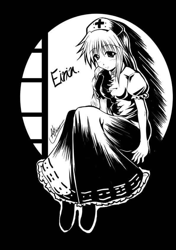 a kirima, yagokoro eirin, touhou, 1girl, breasts, character name, female focus, full body, greyscale, hat, monochrome, solo