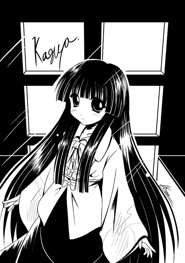 a kirima, houraisan kaguya, touhou, 1girl, black hair, female focus, greyscale, hime cut, indoors, long hair, monochrome, skirt, solo