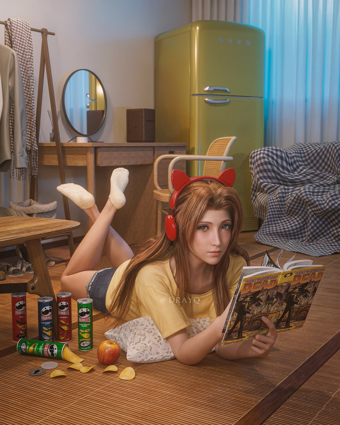 drayqin, aerith gainsborough, souryuu asuka langley, final fantasy, final fantasy vii, final fantasy vii rebirth, final fantasy vii remake, neon genesis evangelion, ai-assisted, highres, photo-referenced, 1girl, 3d, animal ear headphones, animal ears, apple, artist name, bare legs, blue shorts, book, brown hair, chips (food), closed mouth, cosplay, crossed ankles, curtains, fake animal ears, feet, feet up, food, fruit, full body, green eyes, headphones, holding, holding book, indoors, legs, looking at viewer, lying, mirror, no shoes, on stomach, parted bangs, potato chips, sandals, shirt, short sleeves, shorts, sidelocks, socks, soles, solo, souryuu asuka langley (cosplay), table, the pose, toes, twitter username, unworn sandals, white socks, yellow shirt