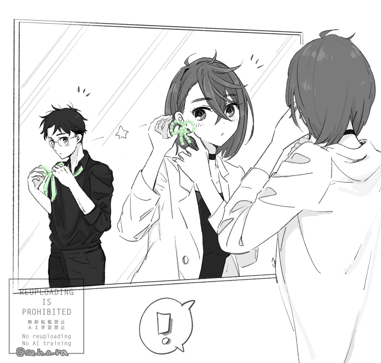 sa h a ra, ayase momo, takakura ken (dandadan), dandadan, commentary request, highres, !, 1boy, 1girl, black choker, black dress, black hair, black pants, black shirt, blush, choker, closed mouth, coat, collared shirt, cowboy shot, crossed bangs, dress, earrings, glasses, green ribbon, hair between eyes, jewelry, looking at another, looking at mirror, mirror, mirror image, monochrome, notice lines, official alternate costume, open clothes, open coat, pants, reflection, ribbon, shirt, short hair, spoken exclamation mark, spot color, twitter username, upper body