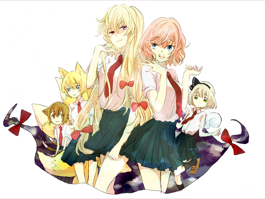 sugi, chen, konpaku youmu, konpaku youmu (ghost), saigyouji yuyuko, yakumo ran, yakumo yukari, touhou, bad id, bad pixiv id, 5girls, alternate costume, blonde hair, contemporary, female focus, hitodama, multiple girls, necktie, school uniform, serafuku
