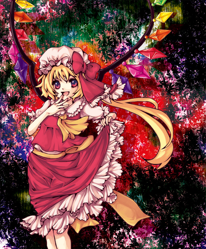 mana (pixiv187388), flandre scarlet, touhou, bad id, bad pixiv id, 1girl, blonde hair, female focus, hat, mob cap, ponytail, ribbon, short hair, solo, standing, wings