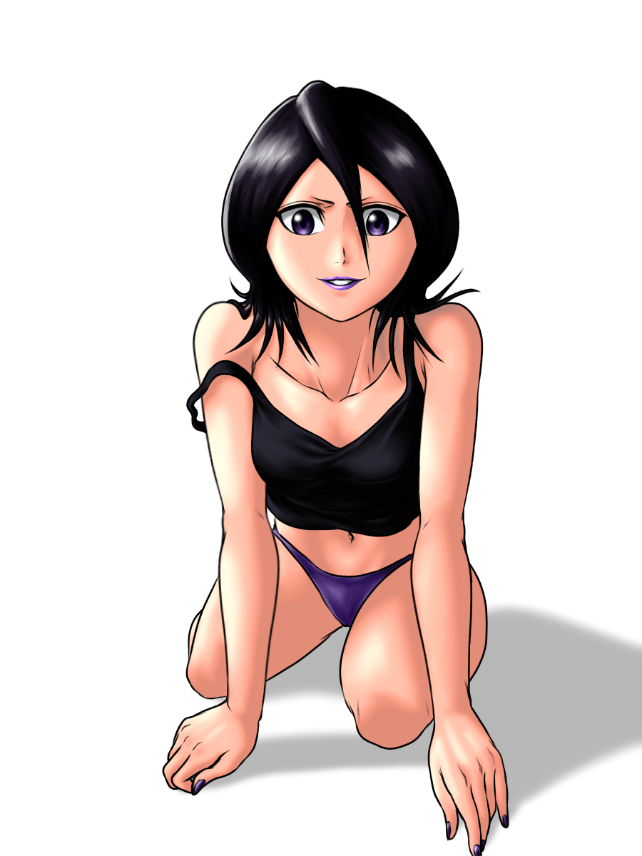 kuchiki rukia, bleach, highres, 1girl, black camisole, black hair, camisole, chris-jin, collarbone, lipstick, looking at viewer, makeup, medium hair, panties, purple eyes, purple panties, smile, solo, strap slip, underwear