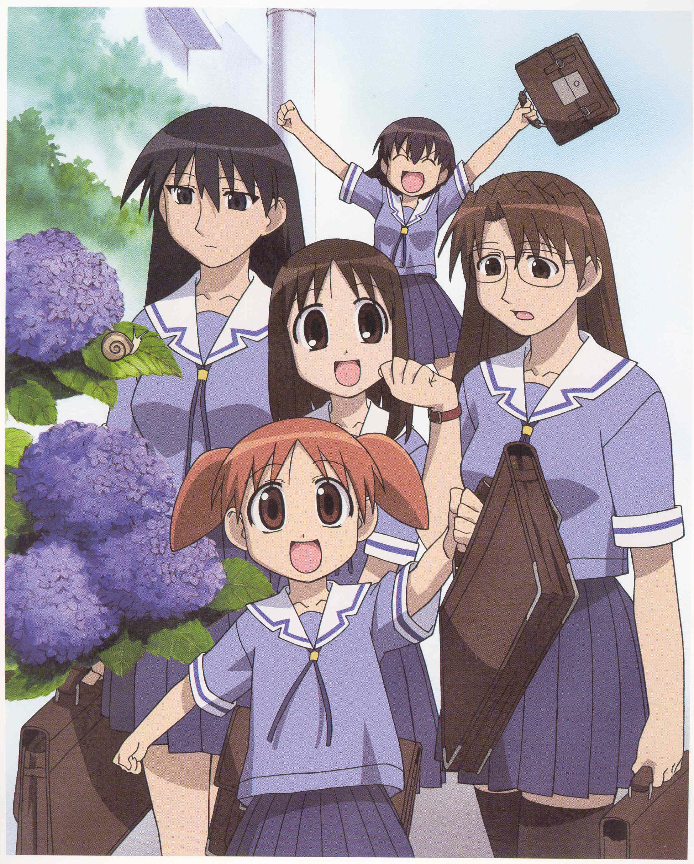 kasuga ayumu, mihama chiyo, mizuhara koyomi, sakaki (azumanga daioh), takino tomo, azumanga daiou, absurdres, highres, official art, scan, 5girls, child, flower, hydrangea, multiple girls, school uniform, serafuku, short twintails, snail, thighhighs, twintails