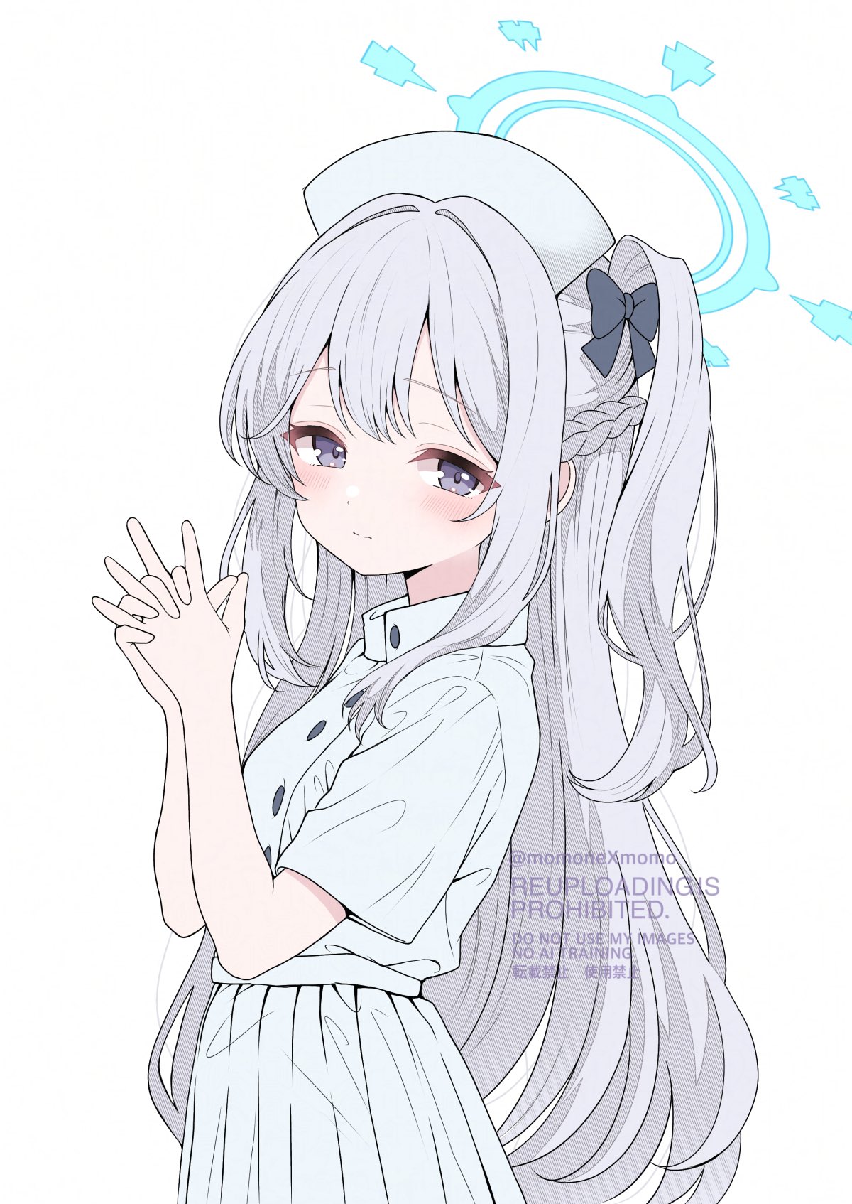 momonexmomo, miyako (blue archive), blue archive, commentary, highres, 1girl, alternate costume, black bow, blue halo, blush, bow, braid, buttons, closed mouth, cowboy shot, from side, grey hair, hair between eyes, hair bow, hair intakes, half up braid, halo, hands up, hat, interlocked fingers, long hair, looking at viewer, nurse, nurse cap, one side up, own hands together, pleated skirt, purple eyes, shirt, short sleeves, sidelocks, simple background, skirt, smile, solo, split mouth, twitter username, very long hair, watermark, white background, white shirt, white skirt