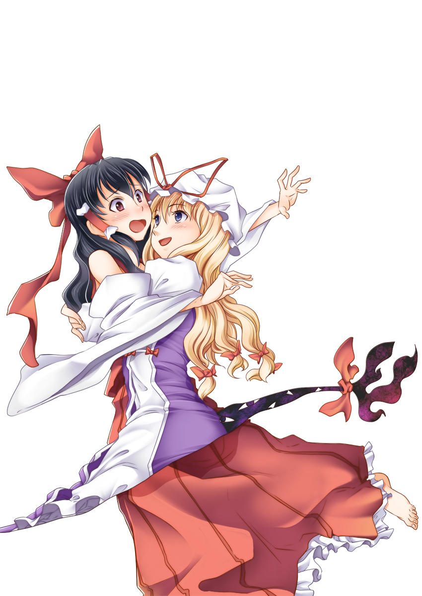 akihazama, hakurei reimu, yakumo yukari, touhou, bad id, bad pixiv id, highres, 2girls, barefoot, black hair, blonde hair, blush, female focus, gap (touhou), hat, hug, japanese clothes, long hair, miko, multiple girls, ribbon, simple background, smile, white background, yuri