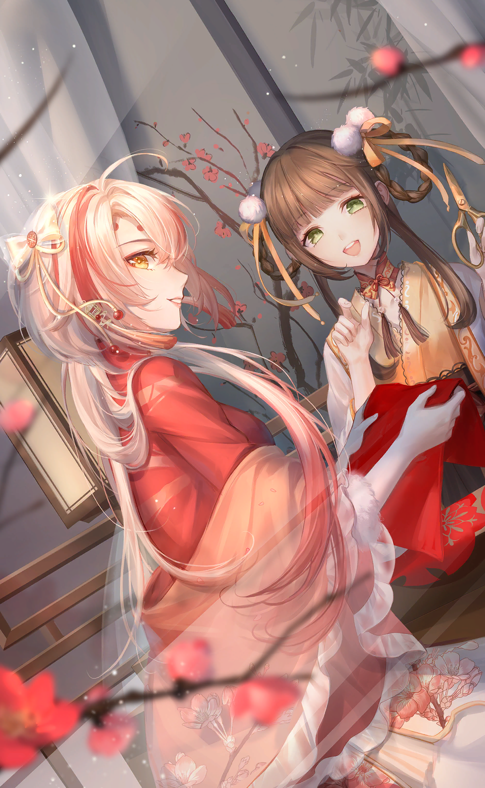 nikki (series), shining nikki, artist request, game cg, highres, official art, third-party edit, 2girls, ahoge, bamboo, blunt bangs, bow, braid, braided hair rings, branch, bright pupils, brown hair, button hair ornament, cherry blossom print, chi xiaoyu, chinese clothes, collar, collared shirt, cowboy shot, curtains, detached collar, dutch angle, eyelashes, eyeliner, fabric, floral print, flower knot, frilled shirt, frilled sleeves, frills, fur trim, gradient hair, green eyes, hair between eyes, hair bow, hair ornament, hair ribbon, hair rings, happy, high collar, holding, indoors, japanese clothes, kimono, lantern, light blush, light particles, lipstick, long sleeves, looking at viewer, makeup, mandarin collar, multicolored hair, multiple girls, neck ribbon, neck tassel, open mouth, pink lips, pointy nose, pom pom (clothes), pom pom hair ornament, red collar, red eyeliner, red ribbon, red shirt, ribbon, see-through clothes, see-through shawl, shawl, shirt, short hair with long locks, sidelocks, skirt, smile, spring (season), streaked hair, tassel, teeth, two-tone hair, two-tone kimono, upper teeth only, vermillion snow, white bow, white hair, white pupils, white shawl, white skirt, wide sleeves, yellow eyes, yellow kimono, yellow ribbon