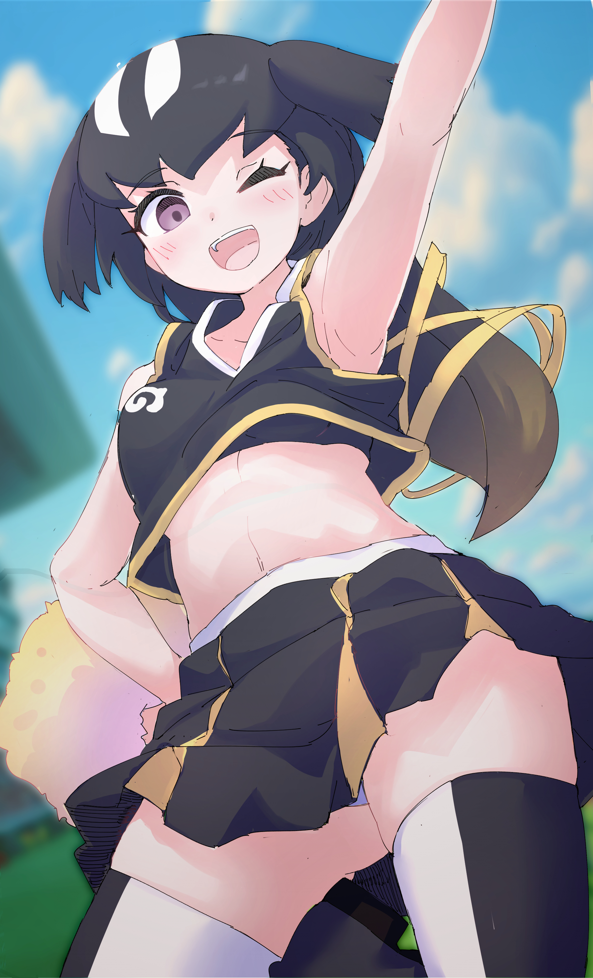 lowlandgorilla, great auk (kemono friends), kemono friends, absurdres, highres, 1girl, alternate costume, bird girl, bird wings, black hair, black shirt, black skirt, black sports bra, black thighhighs, blush, brown hair, cheerleader, crop top, gold trim, hair between eyes, hair ribbon, head wings, japari symbol, long hair, looking at viewer, midriff, multicolored hair, navel, one eye closed, open mouth, pleated skirt, pom pom (clothes), purple eyes, ribbon, shirt, sidelocks, skirt, sleeveless, smile, solo, sports bra, thighhighs, two-tone skirt, two-tone thighhighs, white hair, wings, yellow skirt, yellow thighhighs, zettai ryouiki