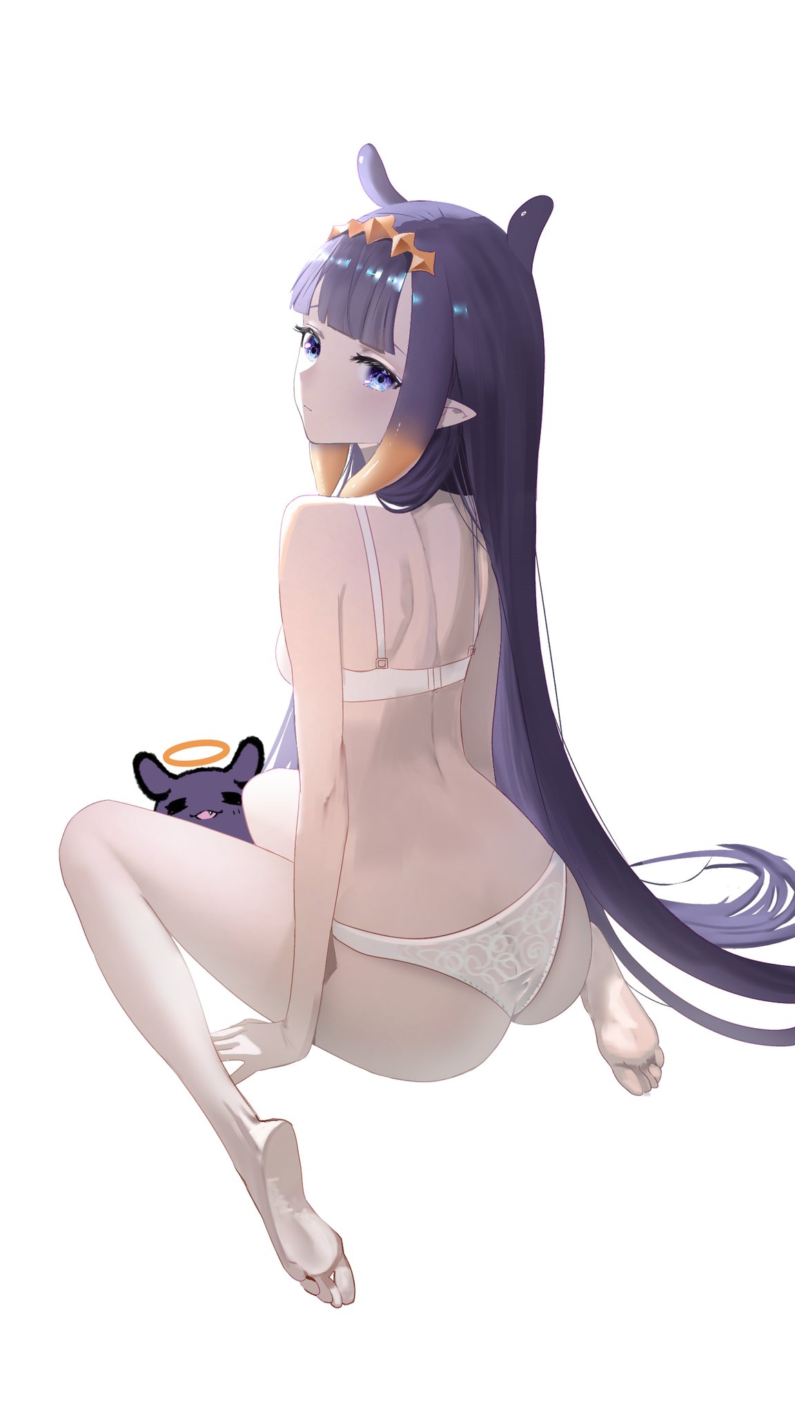 diamon (diamonmurly), ninomae ina'nis, takodachi (ninomae ina'nis), hololive, hololive english, commentary, english commentary, highres, 1girl, alternate costume, ass, barefoot, blue eyes, blunt bangs, bra, breasts, closed mouth, feet, from behind, gradient hair, headpiece, lace, lace panties, lingerie, long hair, looking at viewer, looking back, median furrow, multicolored hair, orange hair, panties, purple hair, shoulder blades, sideboob, sidelocks, sitting, soles, solo, tentacle hair, toes, turning head, underwear, underwear only, very long hair, virtual youtuber, wariza, white bra, white panties