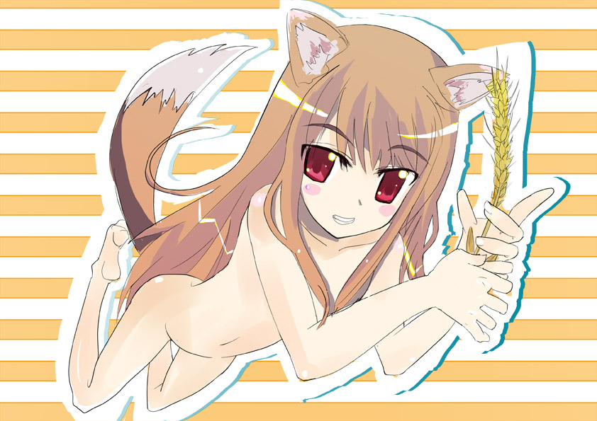 holo, spice and wolf, 00s, animal ears, brown hair, long hair, nude, red eyes, solo, tail, wheat, wolf ears, wolf tail