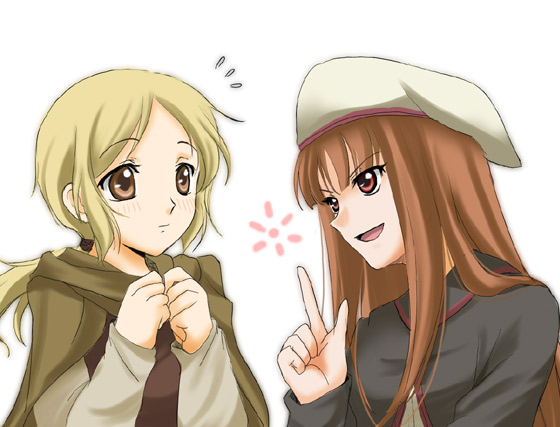 sinko (sinsin), holo, nora arento, spice and wolf, 00s, 2girls, blonde hair, blush, brown eyes, multiple girls, red eyes