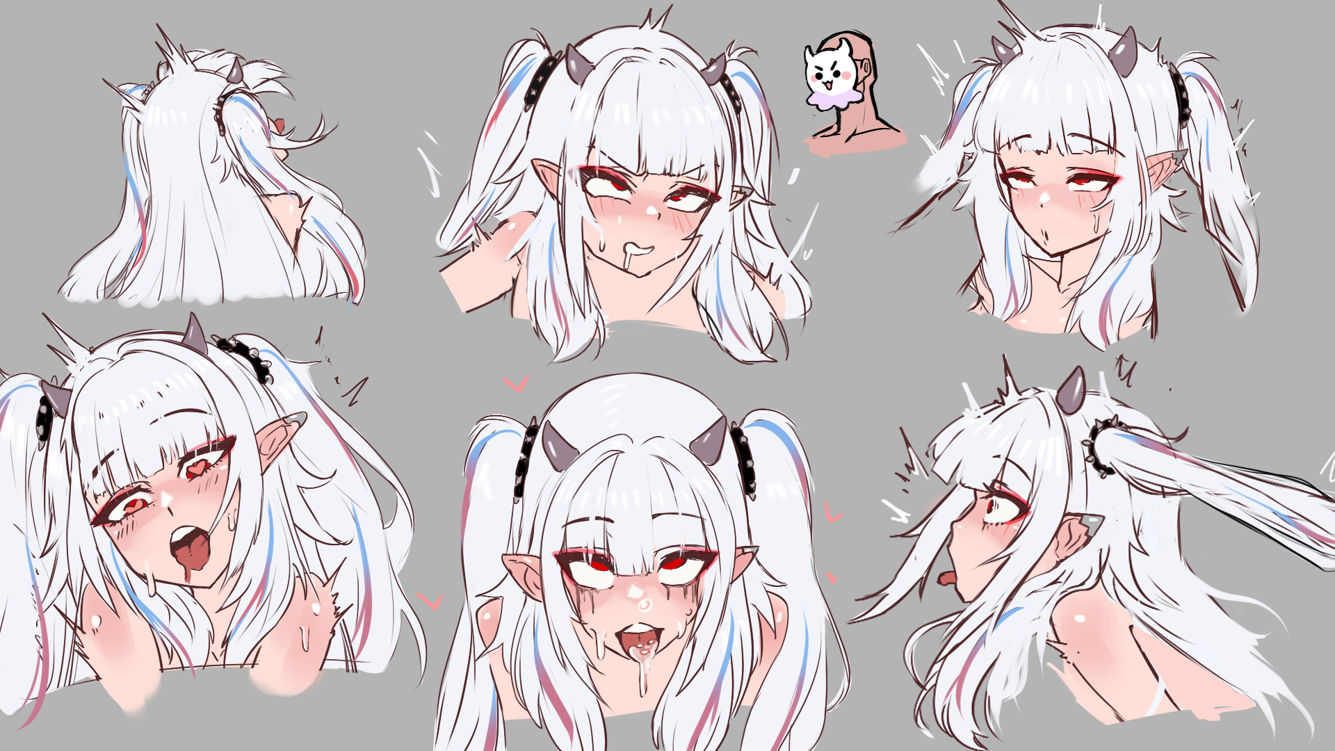 heiz illust, lucy pyre, indie virtual youtuber, ahegao, blue hair, expression chart, horns, implied sex, pointy ears, red eyes, red hair, twintails, virtual youtuber, white hair