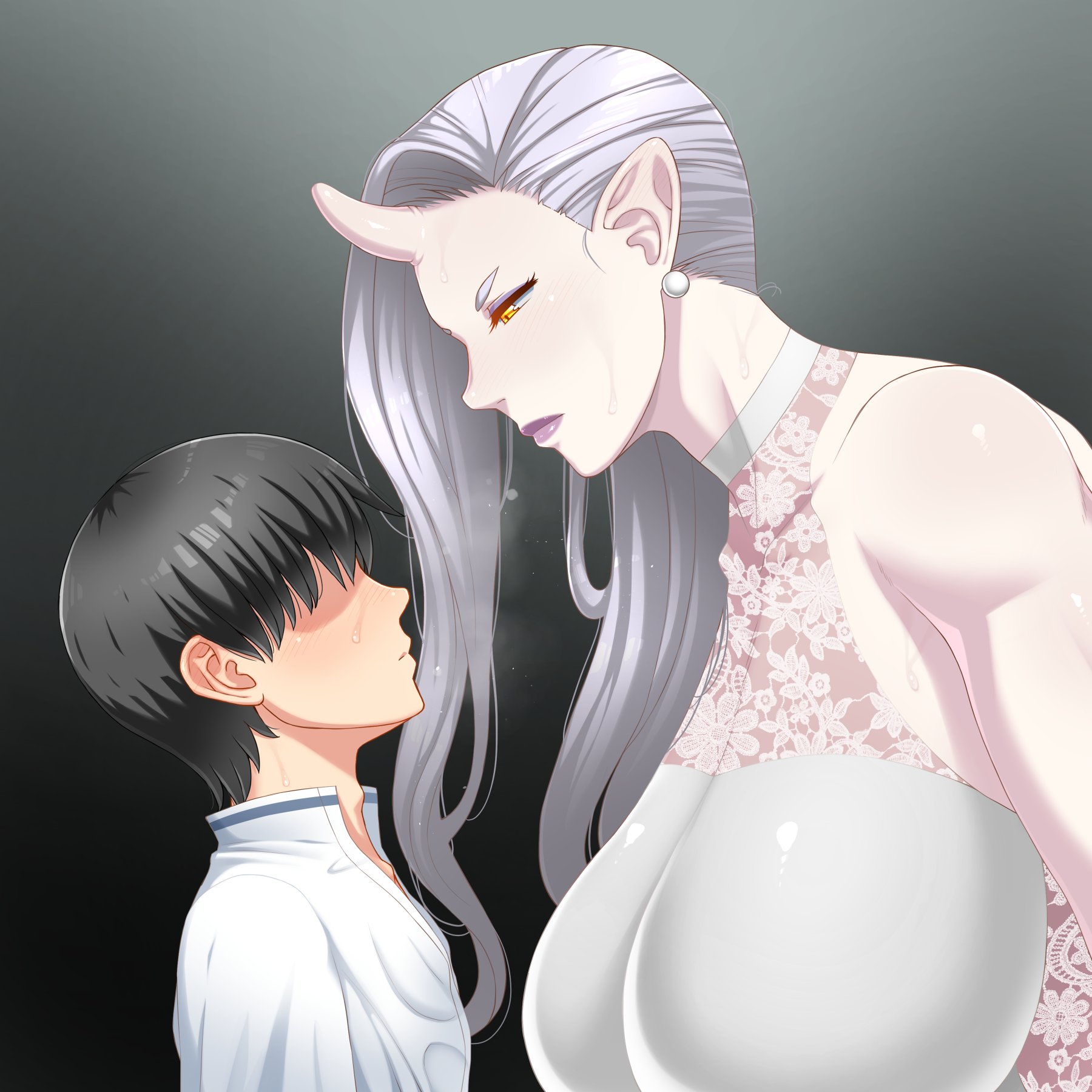 enoshima iki, frost (silly girls quest), silly girls quest, tagme, 1boy, 1girl, armpit crease, bare shoulders, black background, black hair, blush, breasts, choker, dress, earrings, flower print, height difference, horns, huge breasts, long earlobes, long hair, looking at another, pale skin, pearl earrings, purple lips, shirt, short hair, simple background, single horn, size difference, straight hair, sweat, white choker, white dress, white hair, white shirt, yellow eyes