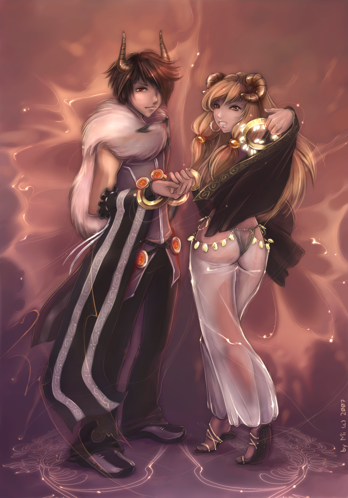 ekaterina orange, mistress (artist), gypsy (ragnarok online), professor, professor (ragnarok online), scholar (final fantasy), ragnarok online, 1boy, 1girl, bikini, blonde hair, blouse, couple, earrings, grey shirt, gypsy, hetero, horns, jewelry, long hair, red eyes, sandals, scarf, see-through clothes, shirt, sleeveless, sleeveless shirt, swimsuit, twintails, yellow bikini