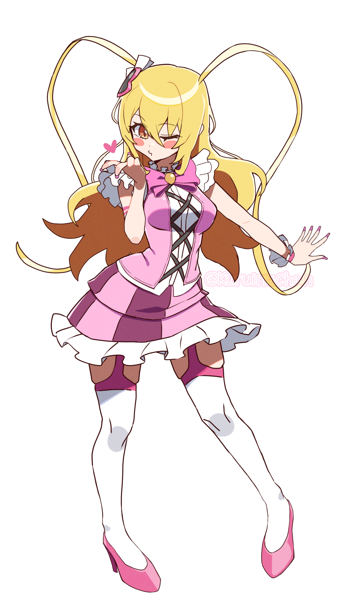 kuruinuchan, don quixote (project moon), limbus company, project moon, highres, 1girl, blonde hair, blowing kiss, blush stickers, bow, bowtie, e.g.o (project moon), full body, hair ornament, heart, heart hair ornament, in the name of love and hate (e.g.o), long hair, looking at viewer, one eye closed, pink bow, pink bowtie, pink garter straps, pink nails, pink shoes, pink skirt, pink vest, shoes, simple background, skirt, solo, standing, thighhighs, two side up, vest, white background, white thighhighs, wrist cuffs, yellow eyes