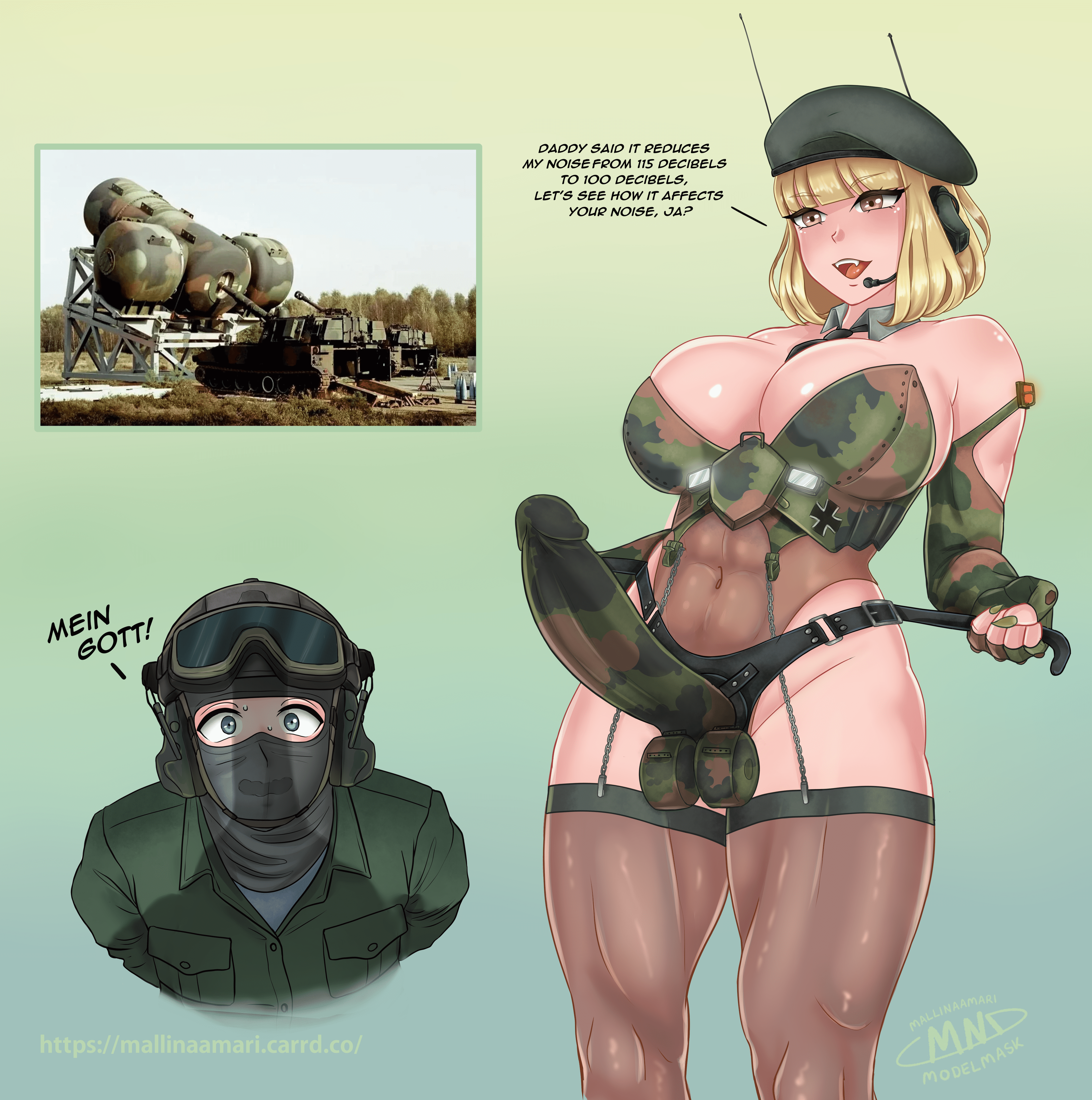mallinaamari, original, absurdres, highres, beret, breasts, cleavage, dildo, earphones, goggles, goggles on headwear, hat, helmet, mecha musume, military, military vehicle, motor vehicle, muscular, muscular female, pantyhose, personification, radio antenna, sex toy, strap-on, tank, thighs