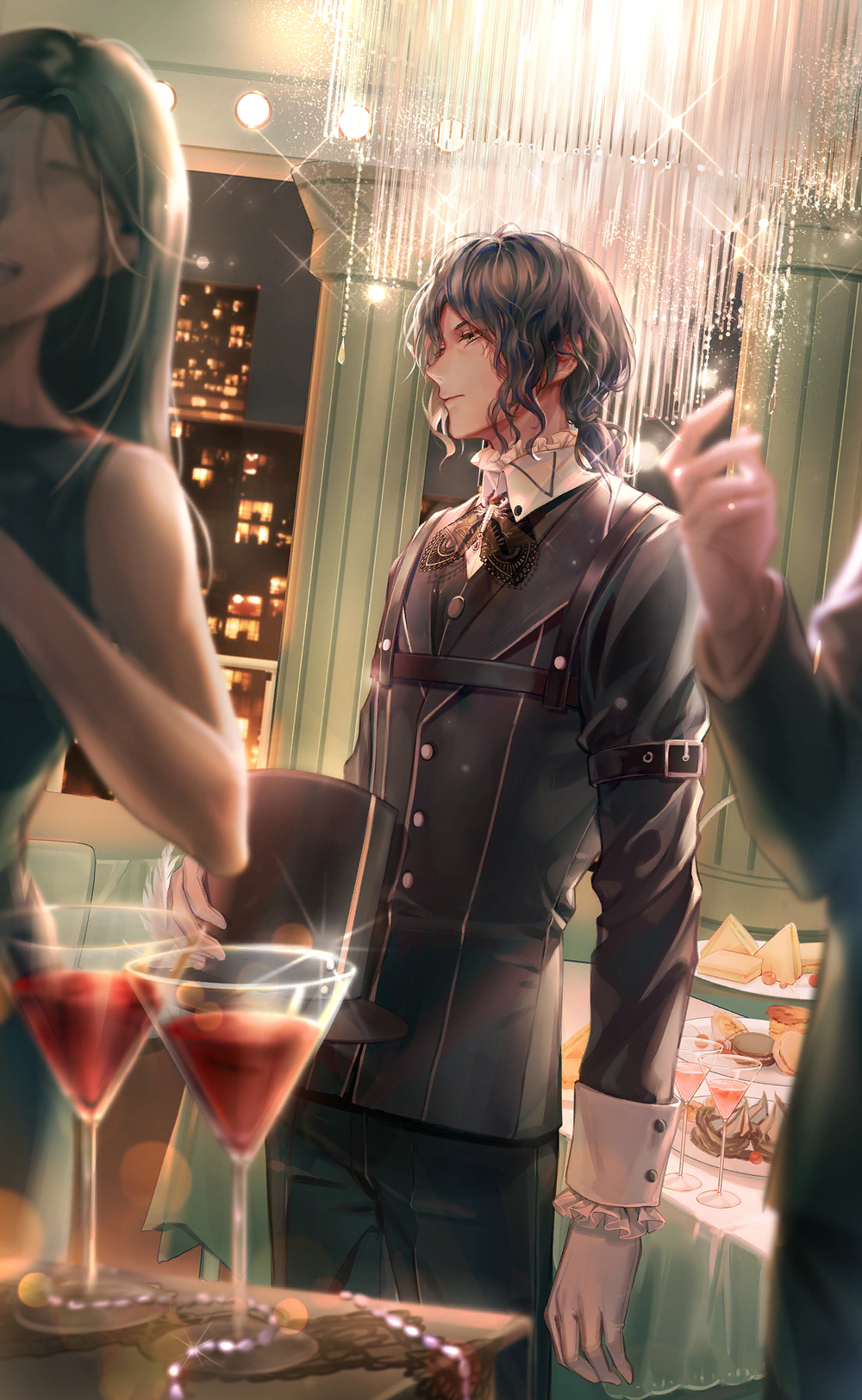 nikki (series), shining nikki, artist request, game cg, highres, official art, 1girl, 2boys, alcohol, arm belt, belt, belt buckle, black belt, black bow, black bowtie, black hat, black jacket, black pants, black suit, blazer, blue eyes, bow, bowtie, buckle, buttons, chandelier, chest belt, chocolate, city, closed mouth, cocktail, collared shirt, cowboy shot, dress pants, expressionless, eyelashes, faceless, faceless female, food, formal clothes, frilled shirt collar, frilled sleeves, frills, glint, grey hair, grey sky, hat, holding, holding unworn clothes, holding unworn hat, indoors, jacket, lips, long sleeves, looking ahead, low ponytail, macaron, male focus, medium hair, multiple boys, night, pants, party, pointy nose, ponytail, sandwich, shirt, short ponytail, sky, sleeve cuffs, solo focus, standing, striped clothes, striped jacket, studded belt, suit, table, top hat, unworn hat, unworn headwear, vertical-striped clothes, vertical-striped jacket, vulture (shining nikki), wavy hair, white shirt, white sleeve cuffs, window, wine