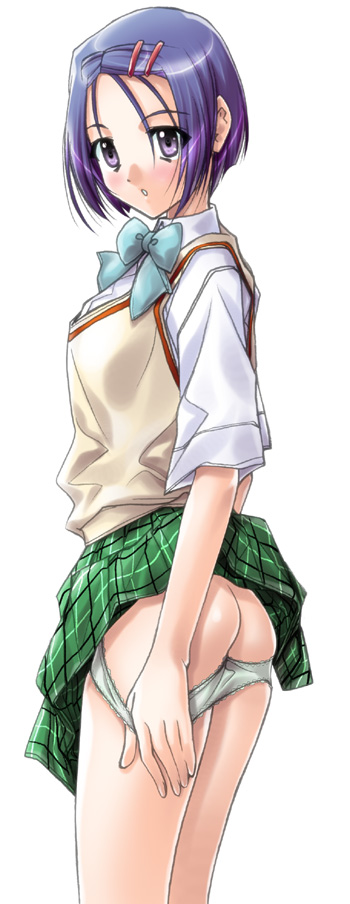 soyosoyo, sairenji haruna, to love-ru, 00s, 1girl, ass, butt crack, clothes lift, female focus, panties, panty pull, plaid clothes, plaid skirt, pulling own clothes, school uniform, serafuku, simple background, skirt, skirt lift, solo, underwear, white background