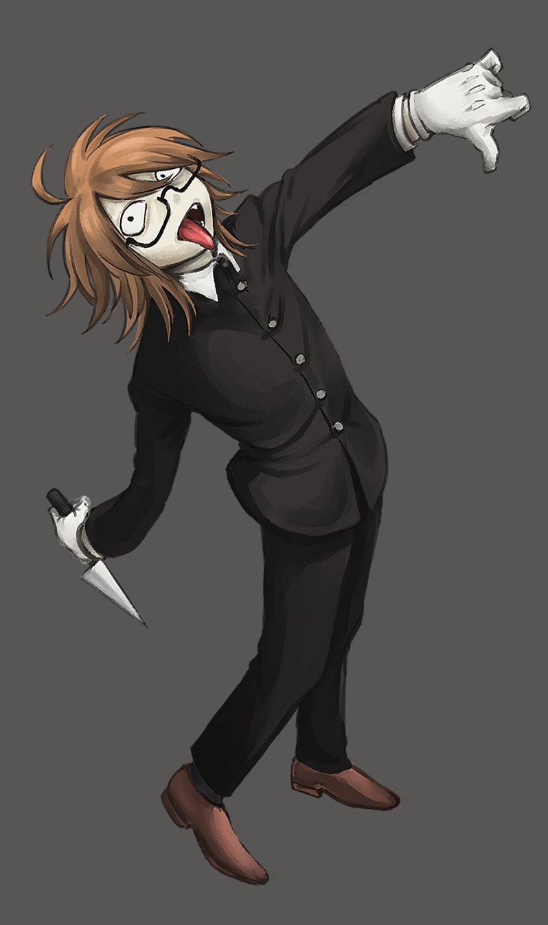 ajino (mmh444 nu), randal ivory, randal's friends, commentary request, highres, 1boy, black coat, black eyes, brown hair, coat, fang, full body, glasses, grey background, holding, holding knife, knife, looking at viewer, male focus, medium hair, simple background, solo, standing, thumbs down, tongue, tongue out