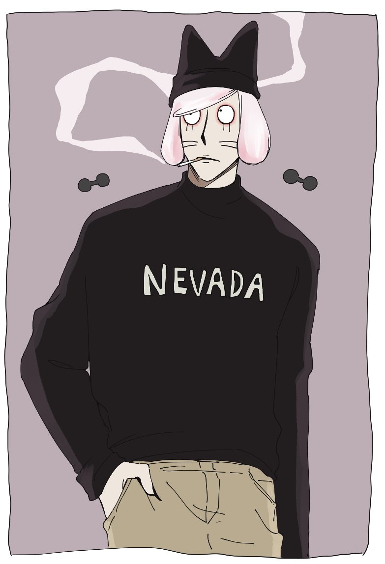 ajino (mmh444 nu), nyen (randal's friends), randal's friends, commentary, 1boy, animal hat, black sweater, cat hat, cigarette, cowboy shot, dumbbell, facial mark, fingernails, hand in pocket, hat, looking to the side, male focus, pink hair, purple background, sharp fingernails, short hair, simple background, smoke, smoke trail, smoking, solo, standing, sweater, turtleneck, turtleneck sweater, whisker markings