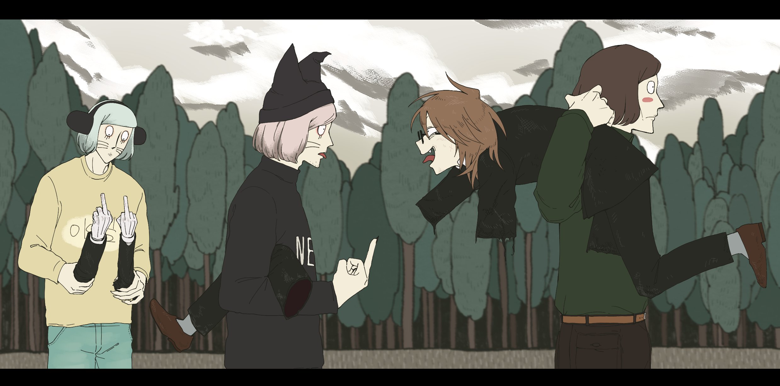 ajino (mmh444 nu), luther von ivory, nyen (randal's friends), nyon (randal's friends), randal ivory, randal's friends, hashtag-only commentary, highres, 4boys, animal ears, animal hat, black jacket, black sweater, blue hair, brown hair, carrying over shoulder, cat hat, cloud, cloudy sky, double middle finger, facial mark, fake animal ears, fang, fingernails, forest, glasses, green shirt, hat, holding limb, jacket, letterboxed, looking at another, male focus, middle finger, multiple boys, nature, outdoors, pink hair, severed arm, severed limb, sharp fingernails, shirt, short hair, sky, sweater, tongue, tongue out, turtleneck, turtleneck sweater, whisker markings