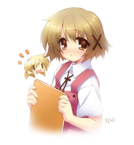 munyuu, yuno (hidamari sketch), hidamari sketch, lowres, 00s, blonde hair, blush, brown eyes, notebook, school uniform, serafuku, short hair, solo, yamabuki high school uniform