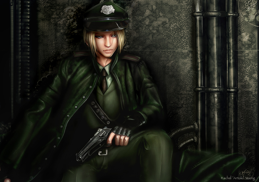 artoki, gunslinger (ragnarok online), ragnarok online, 1boy, blonde hair, dark, gloves, gun, hat, male focus, military, necktie, peaked cap, solo, weapon