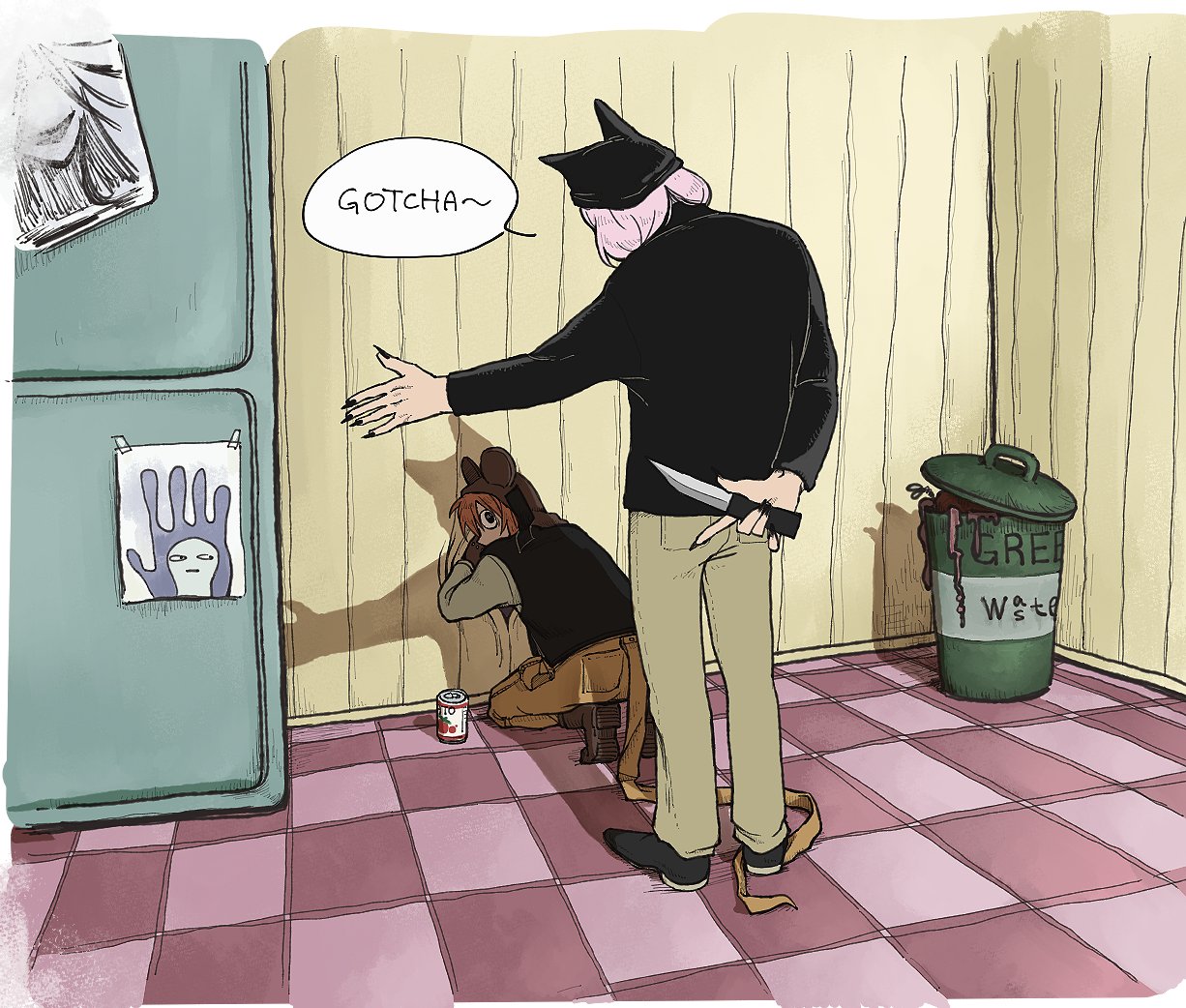 ajino (mmh444 nu), nyen (randal's friends), randal's friends, commentary request, 2boys, animal hat, arm behind back, black nails, black vest, can, cat hat, checkered floor, drink can, english text, fake tail, fingernails, hat, holding, holding knife, indoors, kitchen, kneeling, knife, male focus, mouse hat, multiple boys, pink hair, present day problem takeuchi robert, refrigerator, sharp fingernails, short hair, tail, trash can, vest