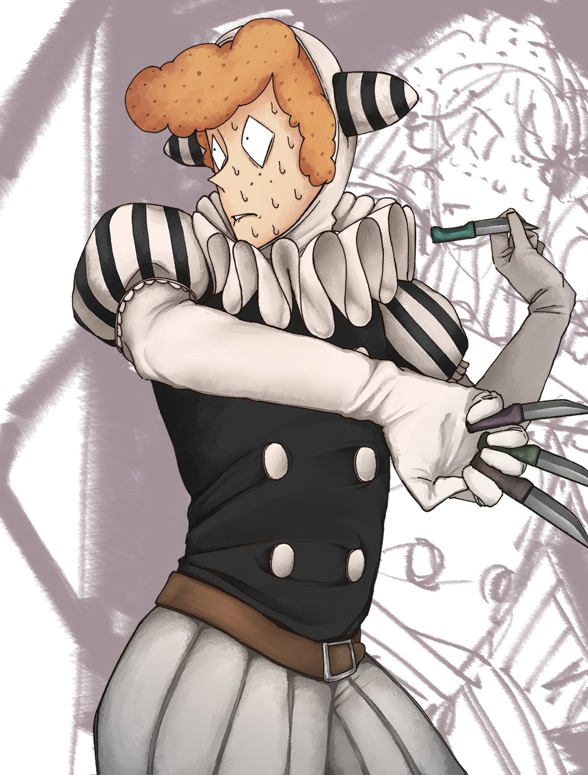 ajino (mmh444 nu), sebastian de tomato smith chicken legs, randal's friends, commentary, highres, symbol-only commentary, 1boy, biting own lip, clown, cowboy shot, dual wielding, freckles, holding, knife, looking to the side, male focus, neck ruff, orange hair, puffy short sleeves, puffy sleeves, short hair, short sleeves, sweat, throwing knife, weapon
