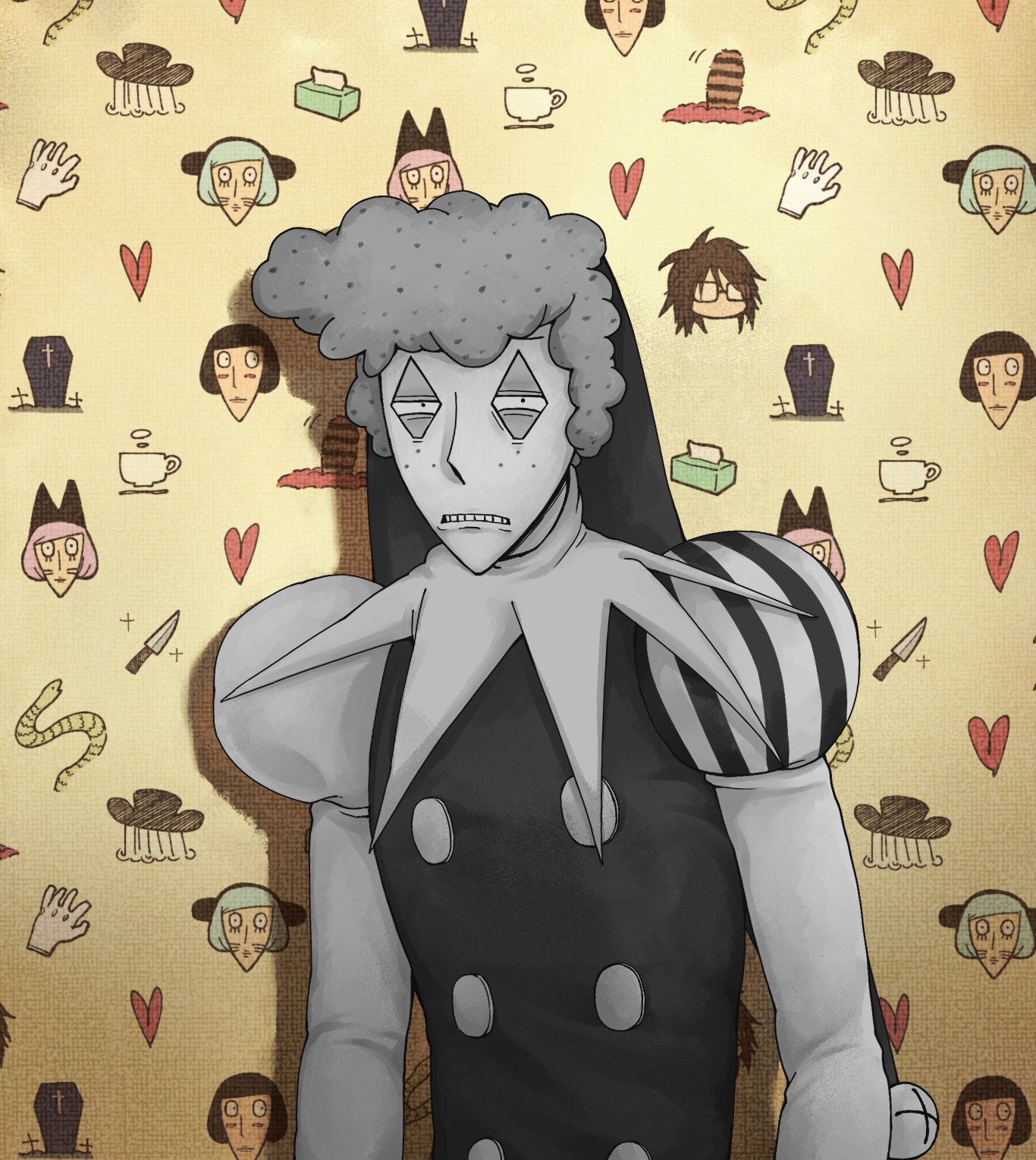 ajino (mmh444 nu), luther von ivory, nyen (randal's friends), nyon (randal's friends), randal ivory, sebastian de tomato smith chicken legs, randal's friends, commentary request, highres, 1boy, etheral q, freckles, greyscale with colored background, hat, jester, jester cap, kitty carpet (randal's friends), looking at viewer, male focus, puffy short sleeves, puffy sleeves, short hair, short sleeves, squinting, upper body, yellow background