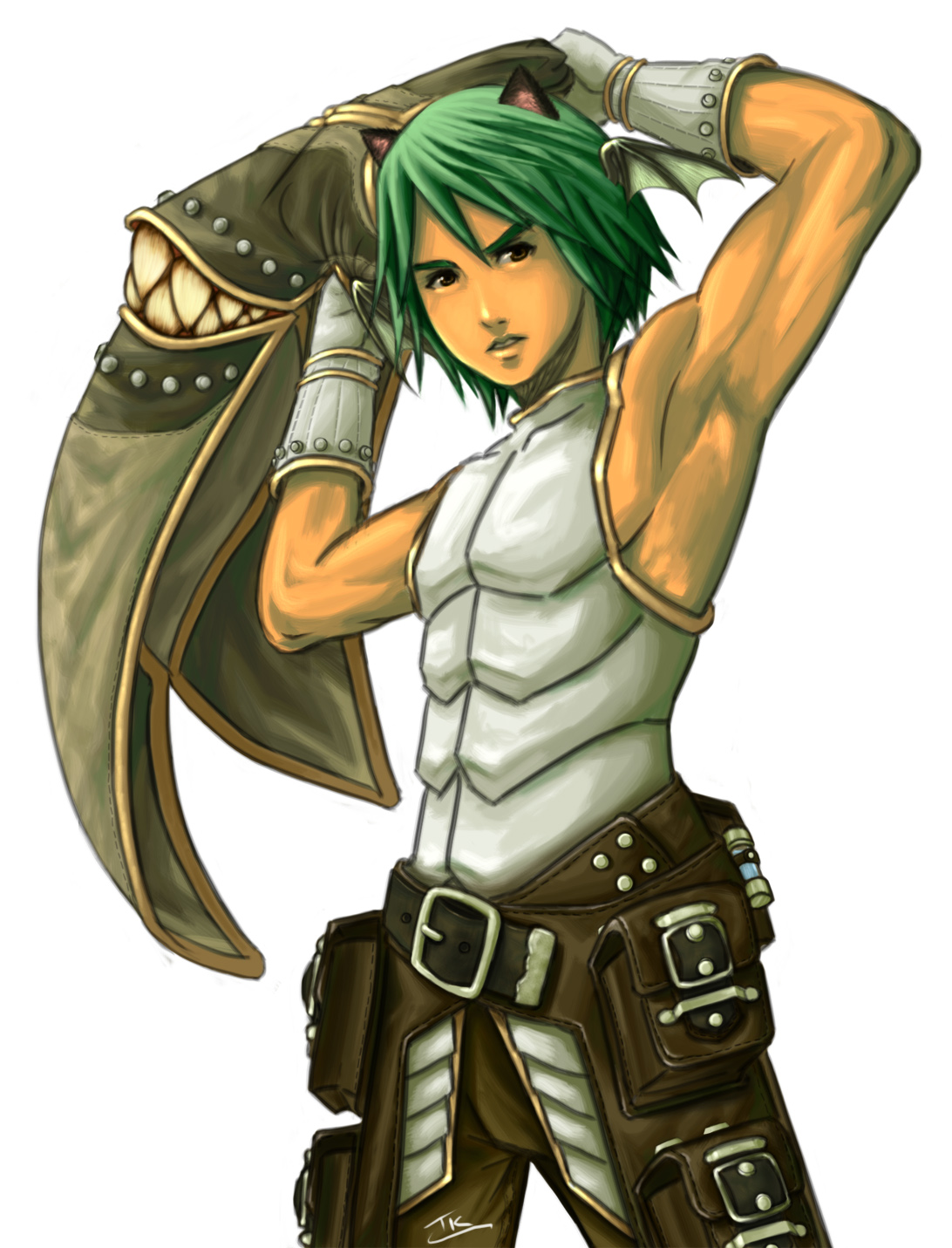 creator (ragnarok online), ragnarok online, highres, 1boy, animal ears, belt, gloves, green hair, head wings, male focus, simple background, solo, white background, wings