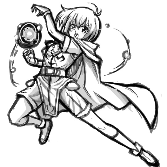 yuuno scrya, lyrical nanoha, mahou shoujo lyrical nanoha, 00s, 1boy, androgynous, antenna hair, belt, bracelet, cape, full body, greyscale, jewelry, looking at viewer, male focus, monochrome, short sleeves, simple background, solo, tabard, thigh strap, white background