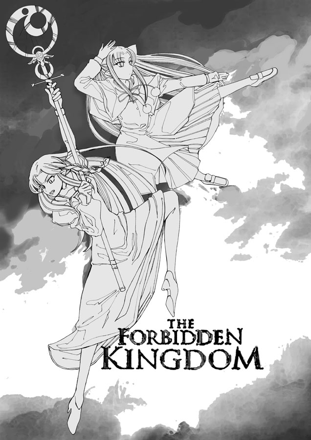 morisoban, len (tsukihime), medea (caster) (fate), medea (fate), fate/stay night, fate (series), tsukihime, 00s, crossover, greyscale, hecate's staff (fate), monochrome, pointy ears