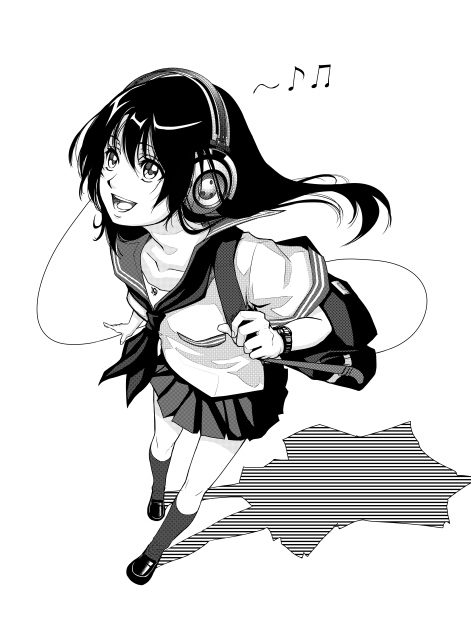 kurogin, original, tagme, greyscale, headphones, monochrome, school uniform, serafuku, solo