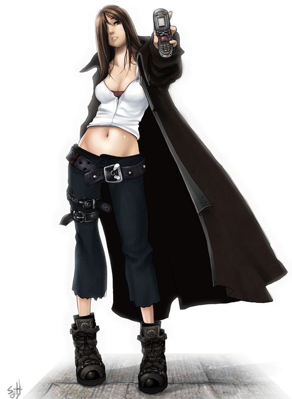shaun healey, 1girl, belt, boots, breasts, brown hair, cellphone, cleavage, coat, female focus, midriff, navel, open mouth, phone, solo, tank top, trench coat