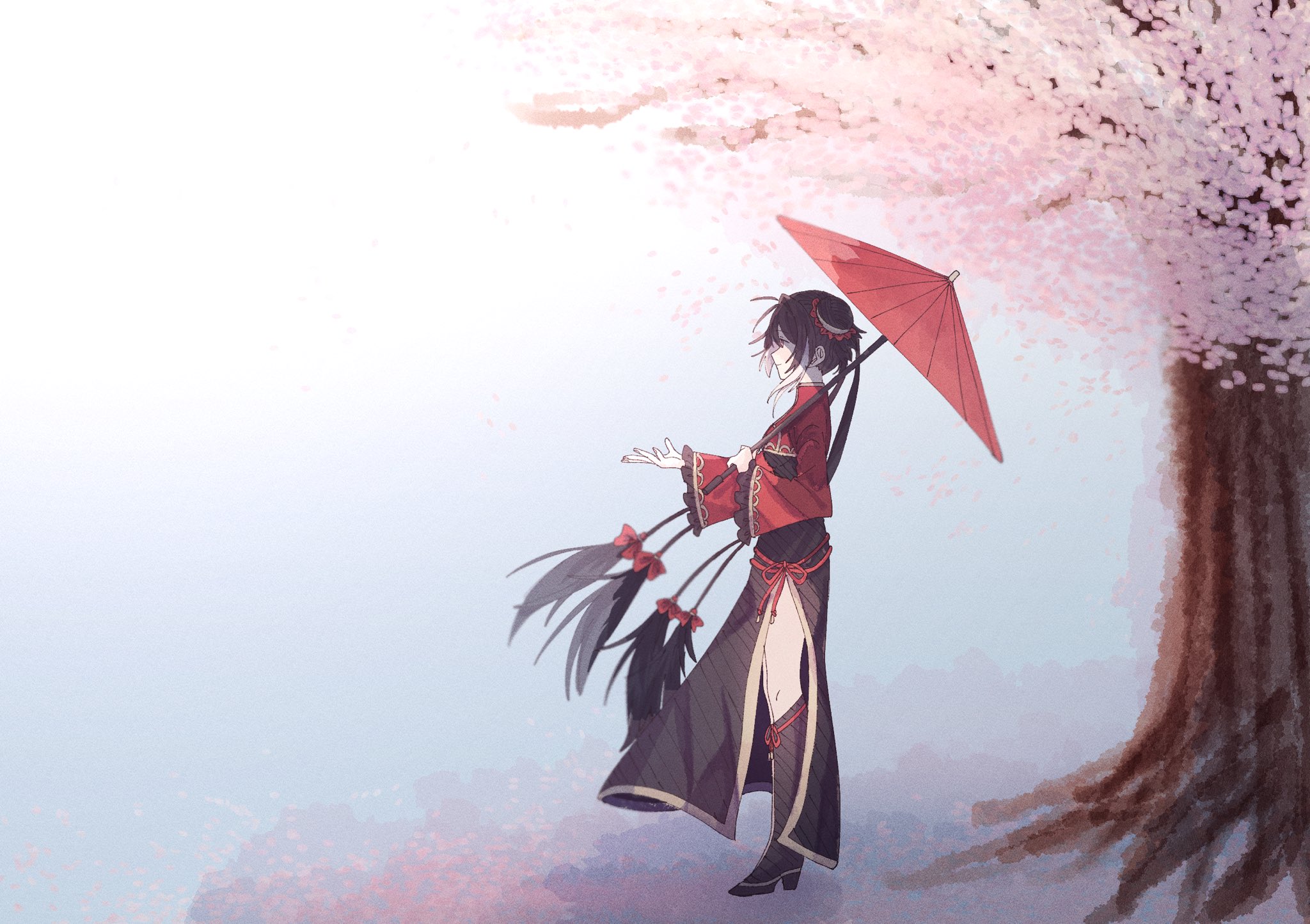 xxed h, jia xichun (project moon), limbus company, project moon, highres, 1girl, black dress, black hair, black shoes, blue background, cherry blossoms, chinese clothes, double bun, dress, full body, hair bun, holding, holding umbrella, long hair, long sleeves, looking to the side, multicolored hair, pink eyes, red shrug, red umbrella, rope belt, shoes, shrug (clothing), simple background, solo, standing, streaked hair, twintails, umbrella, white streaks