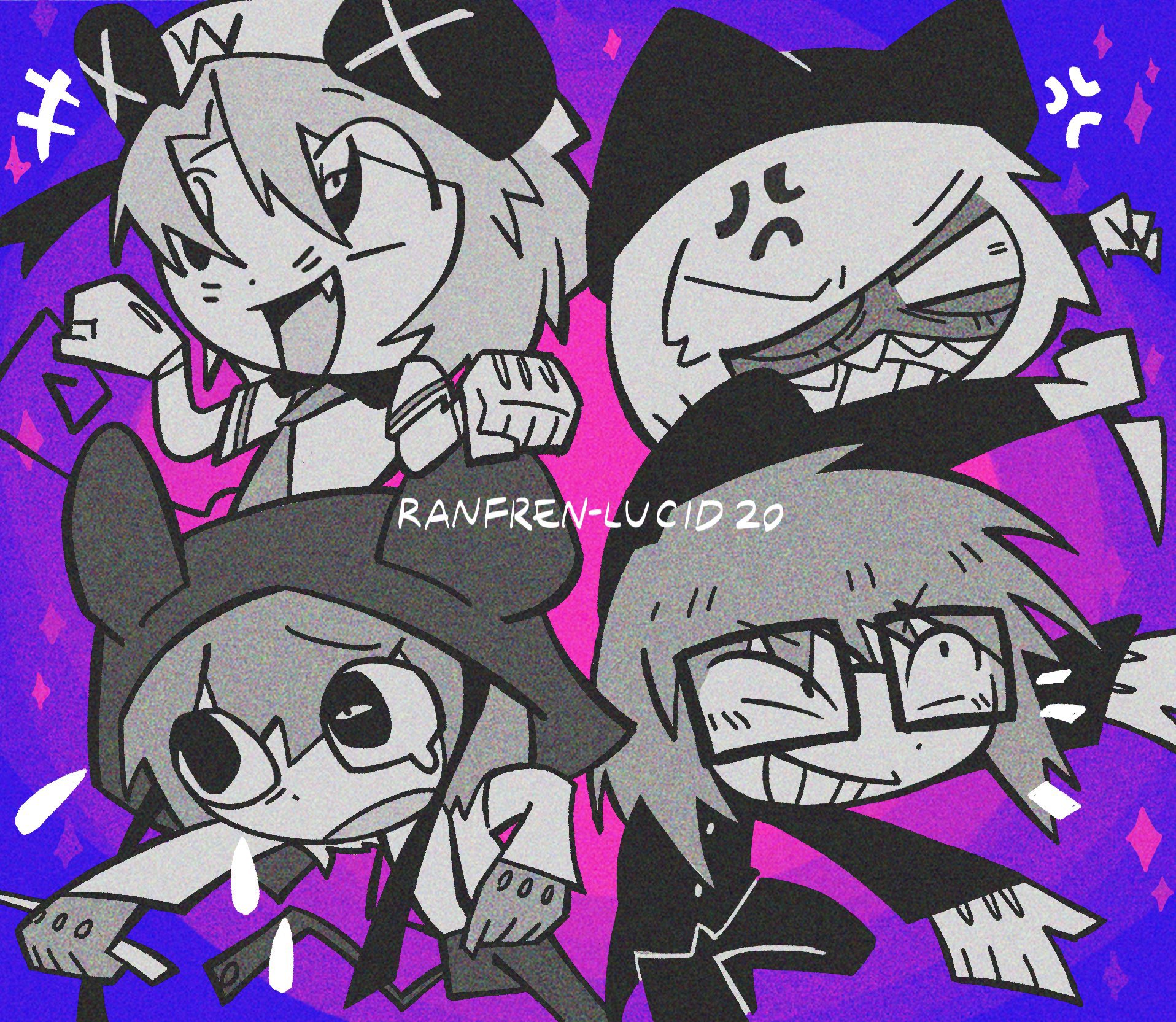 nyen (randal's friends), randal ivory, randal's friends, commentary request, highres, 4boys, animal hat, cat hat, chibi, eye mask, glasses, greyscale with colored background, hat, holding, holding knife, holding needle, ikedagok, kinder surprised michael jr., knife, male focus, mouse boy, mouse hat, mouse tail, multiple boys, needle, present day problem takeuchi robert, purple background, sailor, sailor hat, short hair, tail