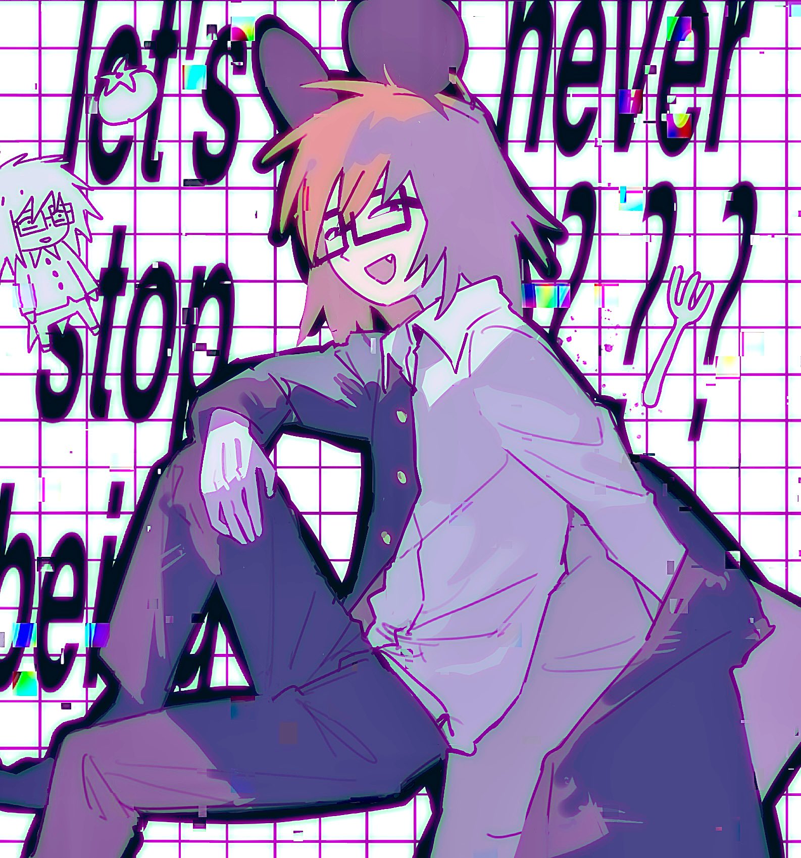 randal ivory, randal's friends, highres, 1boy, animal ears, black eyes, black jacket, chibi, english text, fake animal ears, fang, foot out of frame, fork, glasses, glitch, grid background, hand on own knee, ikedagok, invisible chair, jacket, jacket partially removed, knee up, looking at viewer, male focus, medium hair, mouse ears, orange hair, sitting, white background